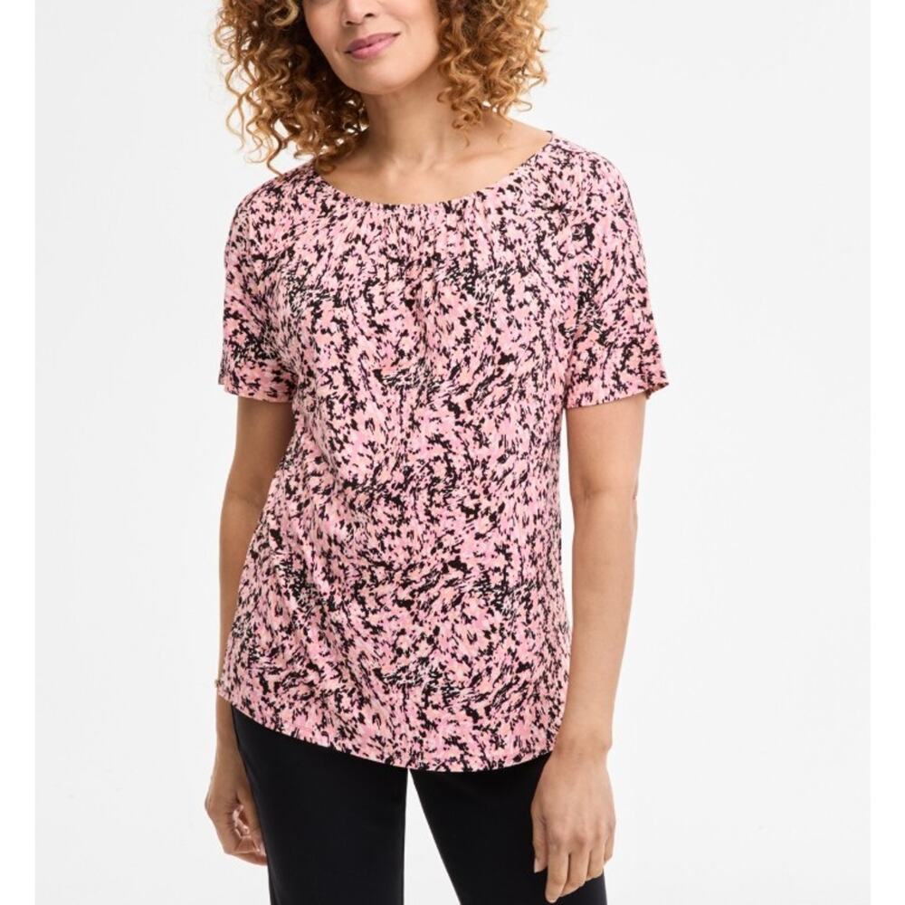 JM Collection Women's Printed Pleat Neck Short-Sleeve Top Size XL